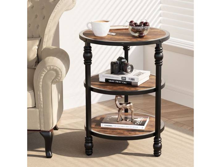 Table basse ronde 3 niveaux – Étagères spacieuses – Cadre acier solide –Idéale pour salon chambre ou petit espace – Marron