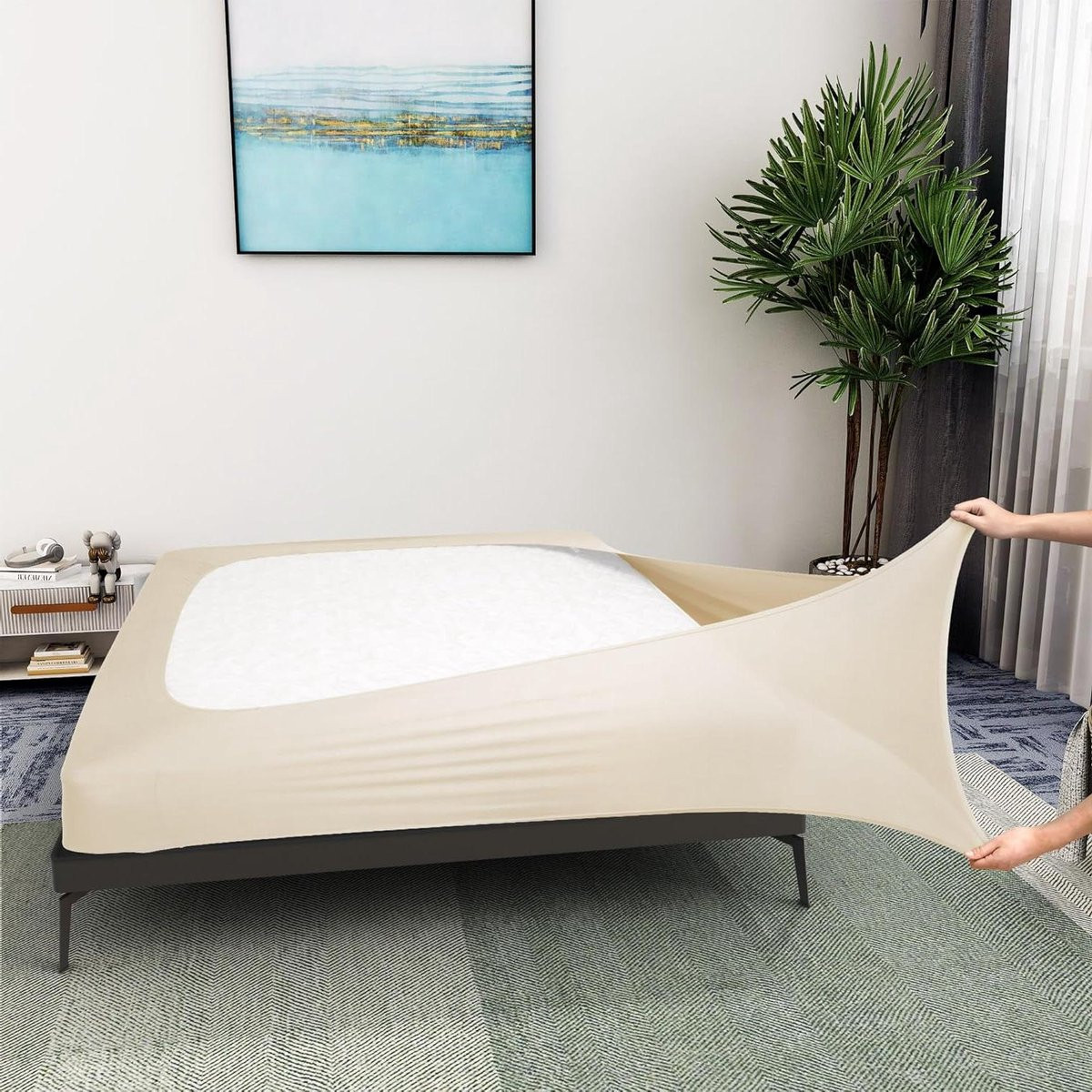 Beige Boxspringhoes Bedrok Queen Size - 4-Zijdige Stretch Slaapkamer Decoratie