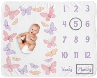 Sweet Jojo Designs Pink/Purple Shabby Chic Butterfly Girl Baby Monthly Milestone Blanket - Colorful Butterflies Lilac Watercolor