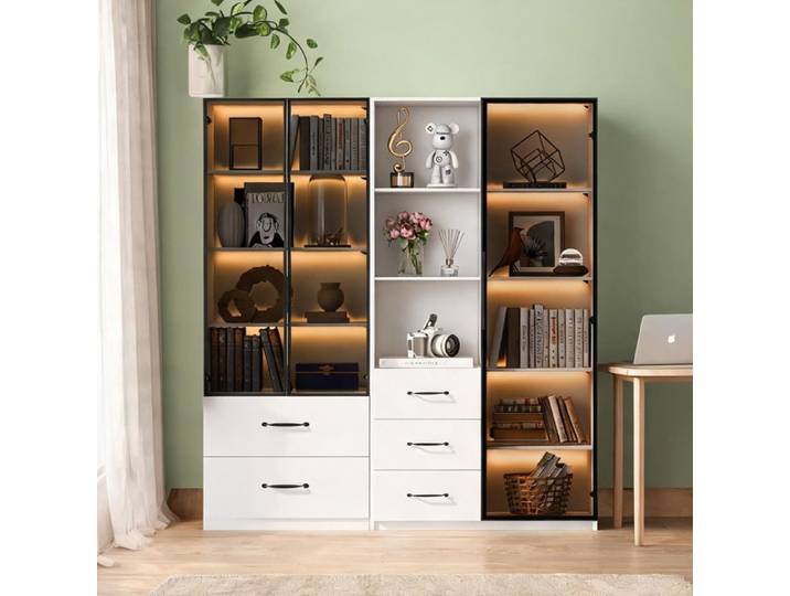 Meuble de rangement blanc 140x40x160 cm avec vitrines LED – Bibliothèque multifonction à éclairage multicolore et tiroirs