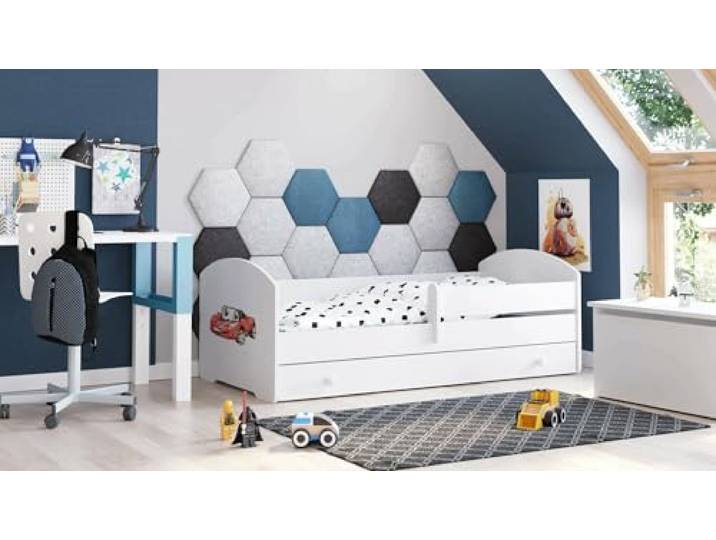 Dmora - Kinderbett Lodz, Kinderbett für Schlafzimmer, Einzelbett mit Kommoden, Struktur mit ausziehbarem Bett, 77x144 h56 cm, Weiß mit Auto