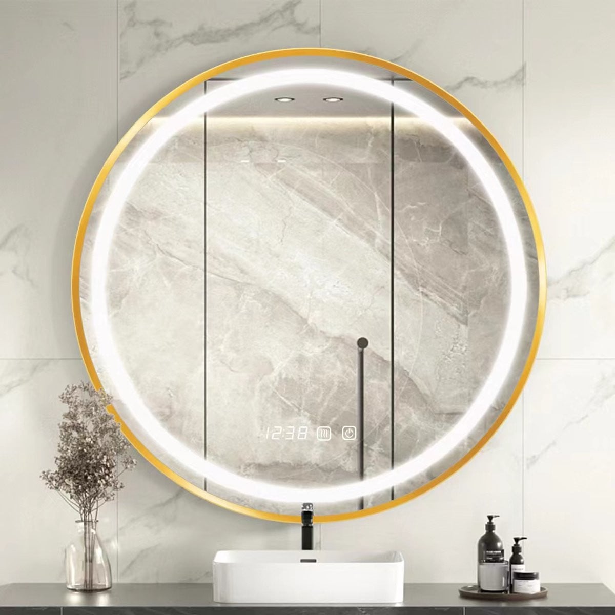 Ronde moderne badkamerspiegel met LED-verlichting in wit en goud - Diameter: 60 cm