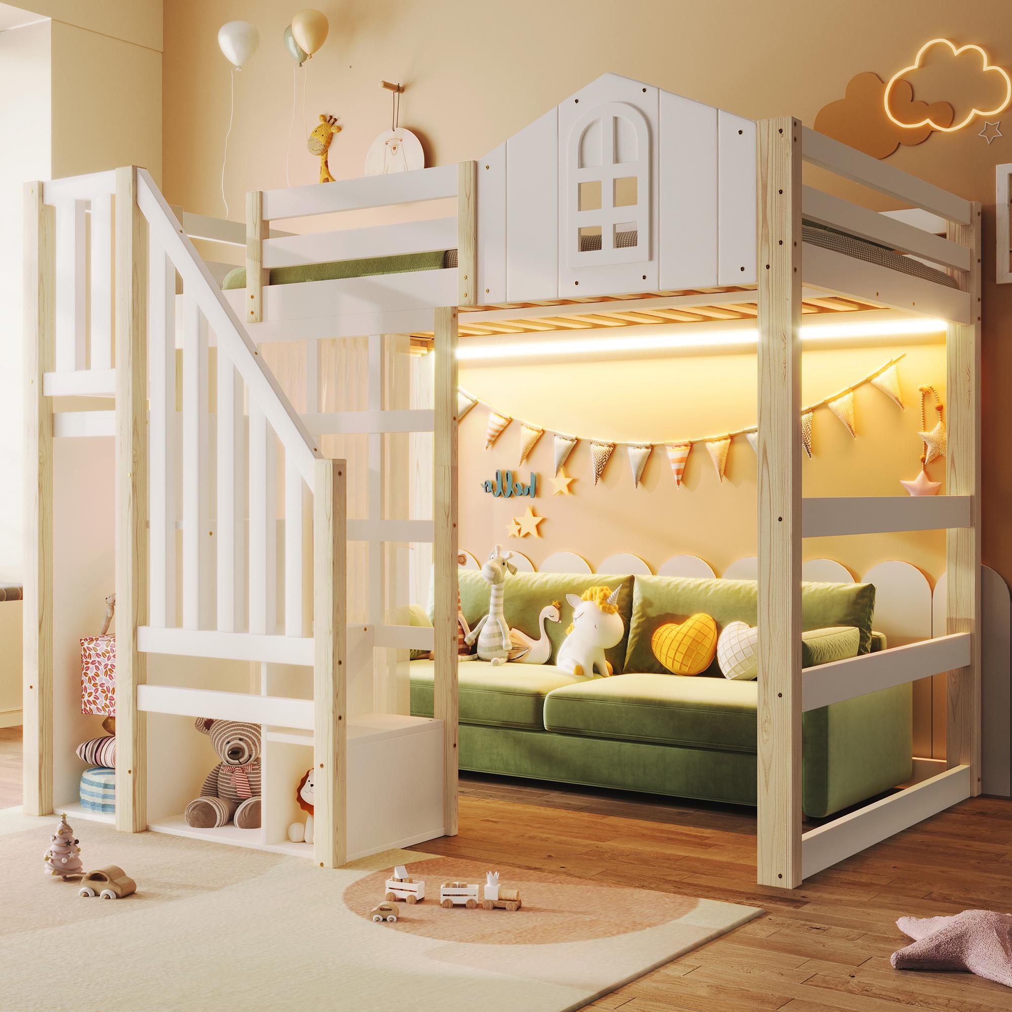 Flieks Etagenbett 140x200cm mit Led, Kinderbett Hausbett mit Bettvorhang, Hochbett Doppelbett mit Lattenrost und Rausfallschutz, Naturbelassen