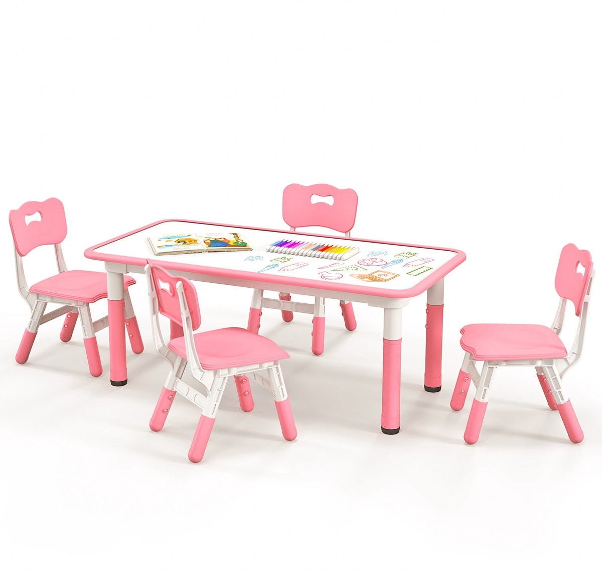 COSTWAY Kindertafelset met 4 stoelen en graffiti-tafelblad, in hoogte verstelbaar, roze