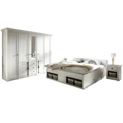 SCHLAFZIMMER 4-teilig Set Pinie weiß, Komplettset mit Doppelbett