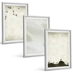 BILDER SET 3er Set - 40x60 cm Silberner Rahmen - Vögel, Steine, Pinselstriche, Verzierungen