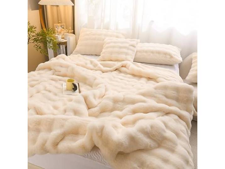 Bubble Decke Faux Fur Blanket Fellimitat Kuscheldecke Flauschig Flauschige Fluffy Blanket für Bett Sofa Casual (Reis, 150 * 200cm)