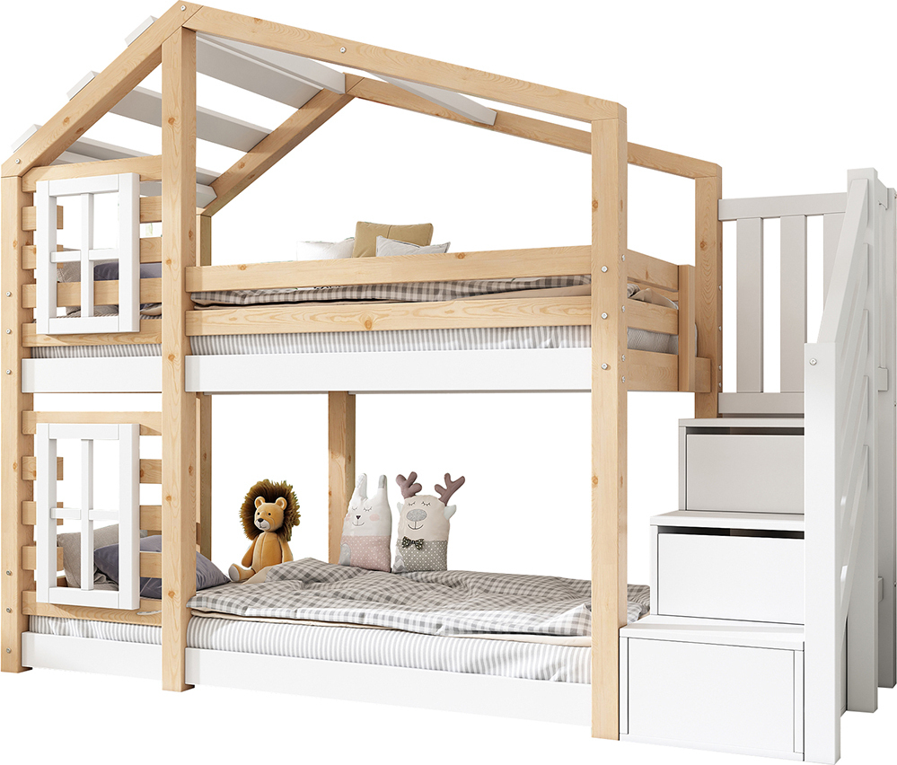 Etagenbett mit Speicherung und Rausfallschutz Kinderbett Hausbett Jugendbett in Fensterbauweise (Ohne Matratze) 90 x 200 cm Natur & Weiß