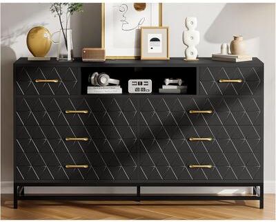 YUN 8 Drawer Dresser for Bedroom, Gold Handle Wide TV Stand Cabinet with LED Lights, Solid Wood Storage for Living Room