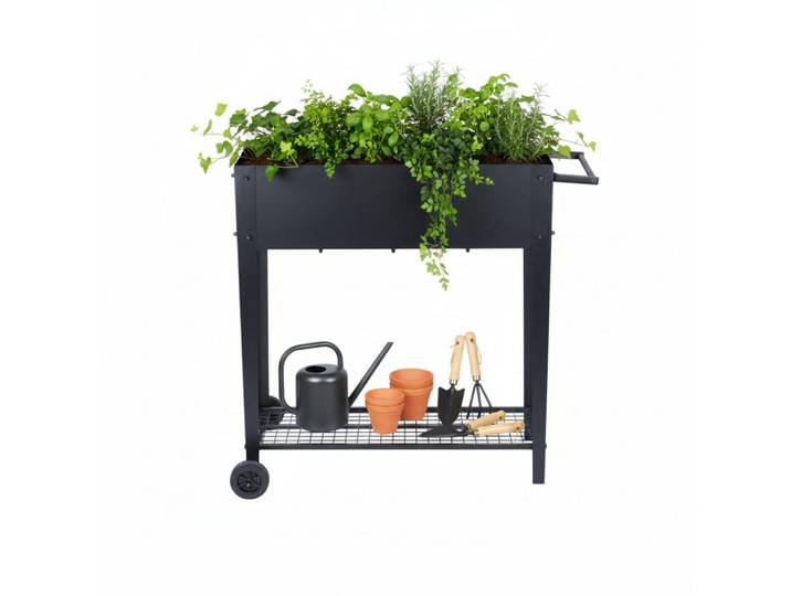 Relaxdays Hochbeet Schwarz Metall mit Rädern 80x85x50 cm, Metall, Kunststoff, 85x80x50 cm, Gartenzubehör, Hochbeete