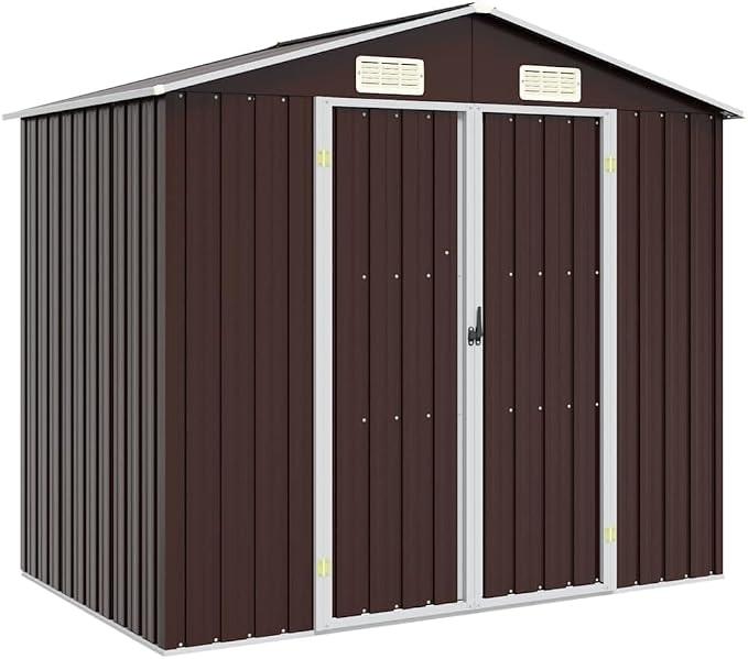 Braun Gerätehaus aus verzinktem Stahl 205x129x183 cm mit Doppeltüren, Lüftungsöffnungen als Rollläden, wetterfestes Fahrradschuppen Lagerhaus für Werkzeuge und Rasenmäher