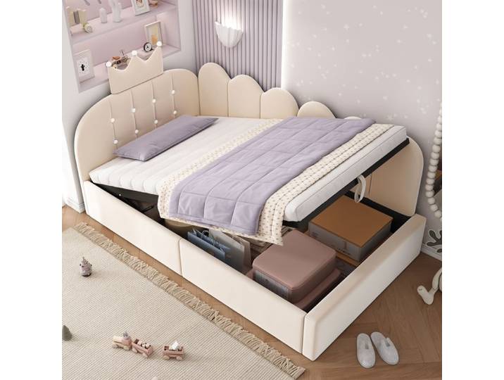 Bladez - Lit coffre 90x200 cm lit enfant lit simple avec hydraulique design couronne et grille velours - beige
