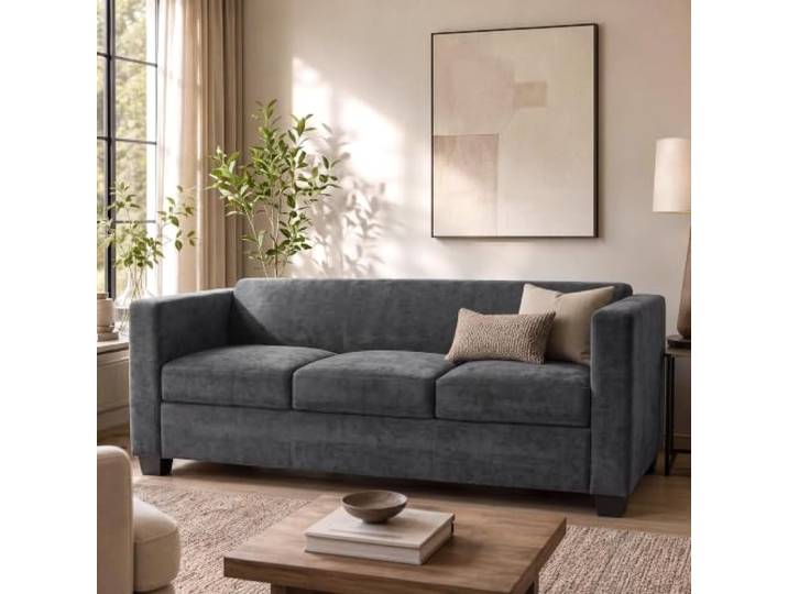 Mendler 3er Sofa Lille, Nosagfederung Stoff/Textil Chenille 190cm - dunkelgrau