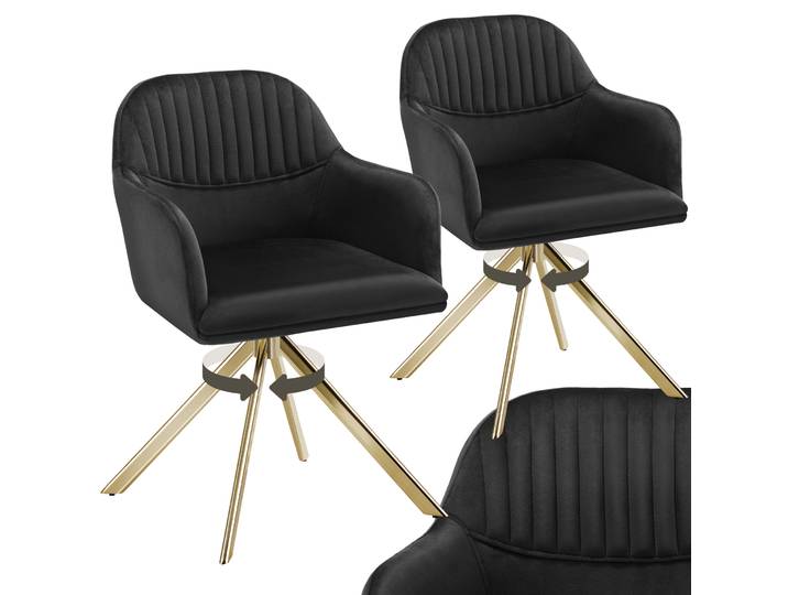 Samt-Drehstuhl Lona mit dicker Polsterung - schwarz/gold, 2er Set