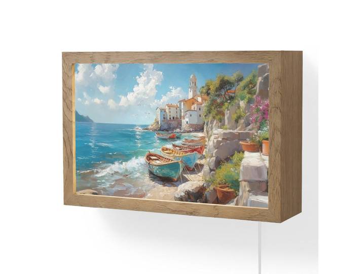OnlyWow Wandleuchte - Boote - Felsen - Meer - Sonne - 30x20 cm, Blau, Holzwerkstoff, Rechteckig, LED integriert, 30x20x8 cm, Lampen & Leuchten, Innenbeleuchtung, Wandlampe