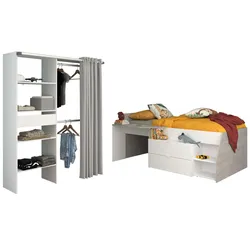 KINDERZIMMER weiß, grau 2-teilig, Jugendzimmer-Set Stauraumbett und Kleiderschrank