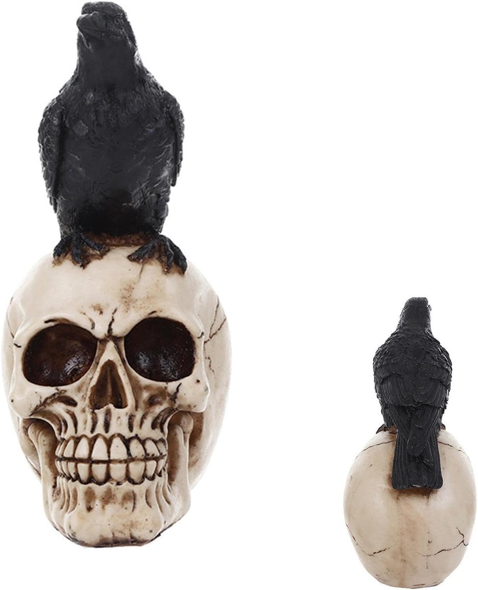 Handgeschilderde Gothic Raaf op Schedel voor Huisdecoratie - Zwart - Breedte: 22 cm