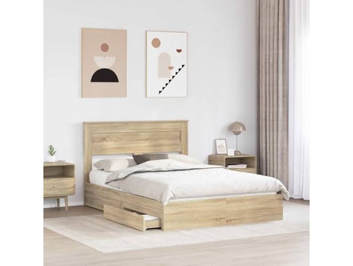 KTHLBRH Bett mit Stauraum, Sonoma-Eiche, 140 x 190 cm Technisches Holz, mit Schubladen, Lattenrost, einfach zu montieren