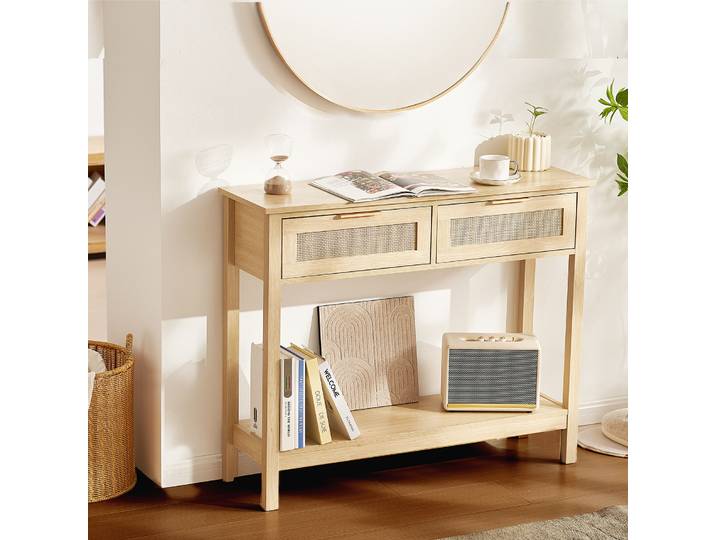 VEVOR Table console en rotin avec 2 tiroirs\, table d'entrée en rotin avec porte coulissante en rotin naturel\, table basse console pour le salon\, le bureau\, l'entrée ou le mur de télévision\, naturel