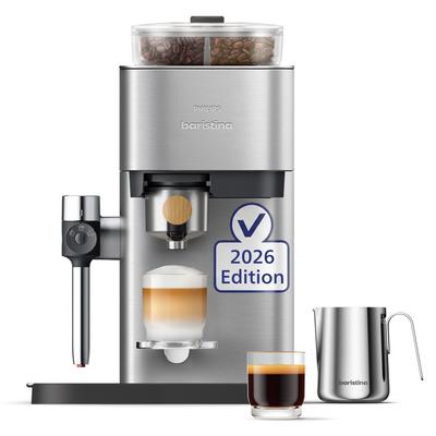 PHILIPS BARISTINA Espressomaschine "Latte Plus BAR700/00 mit Mahlwerk für ganze Bohnen", silber (edelstahl), 1, Kaffeemaschinen, automatische Milchdüse, 16 bar Pumpendruck, Edelstahl/Eschenholz, Espressomaschine