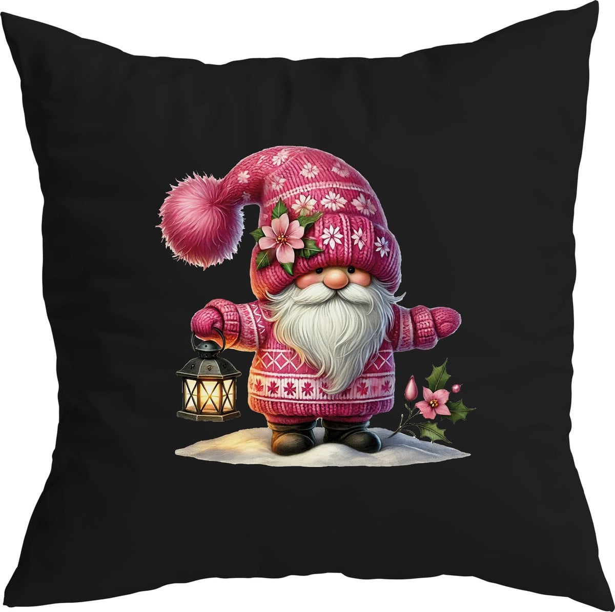 Zwarte kerst kussenhoes met vrolijke kabouter in wintersfeer, 40 x 40 cm