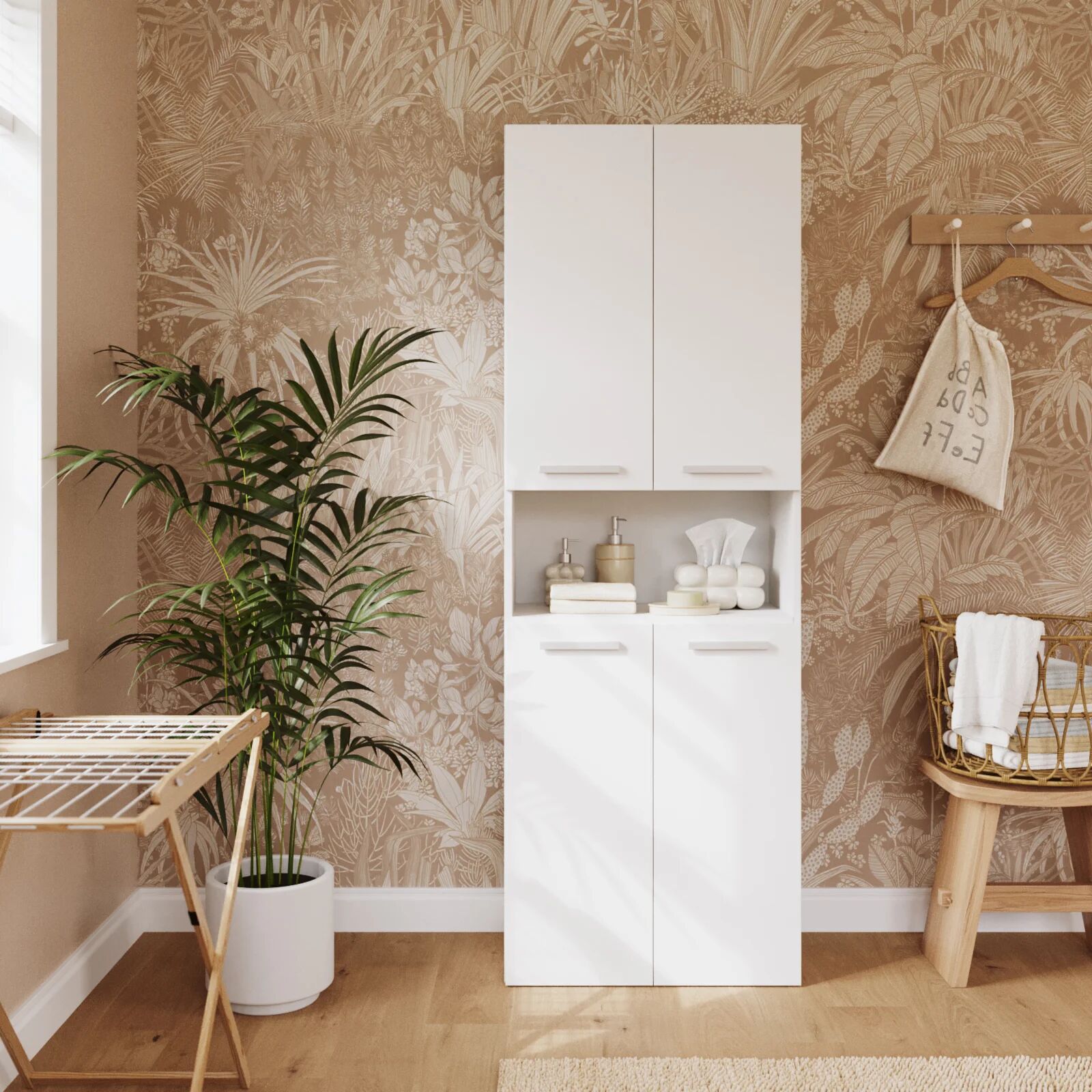garneroarredamenti Armadio lavanderia 60x174h cm con 2 cesti porta biancheria e 2 ante bianco Grangy