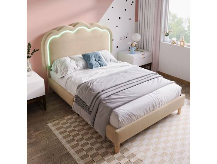 Lit rembourré LED - TRUXEN8 - 90x190 cm - Tête de lit réglable - Lin beige