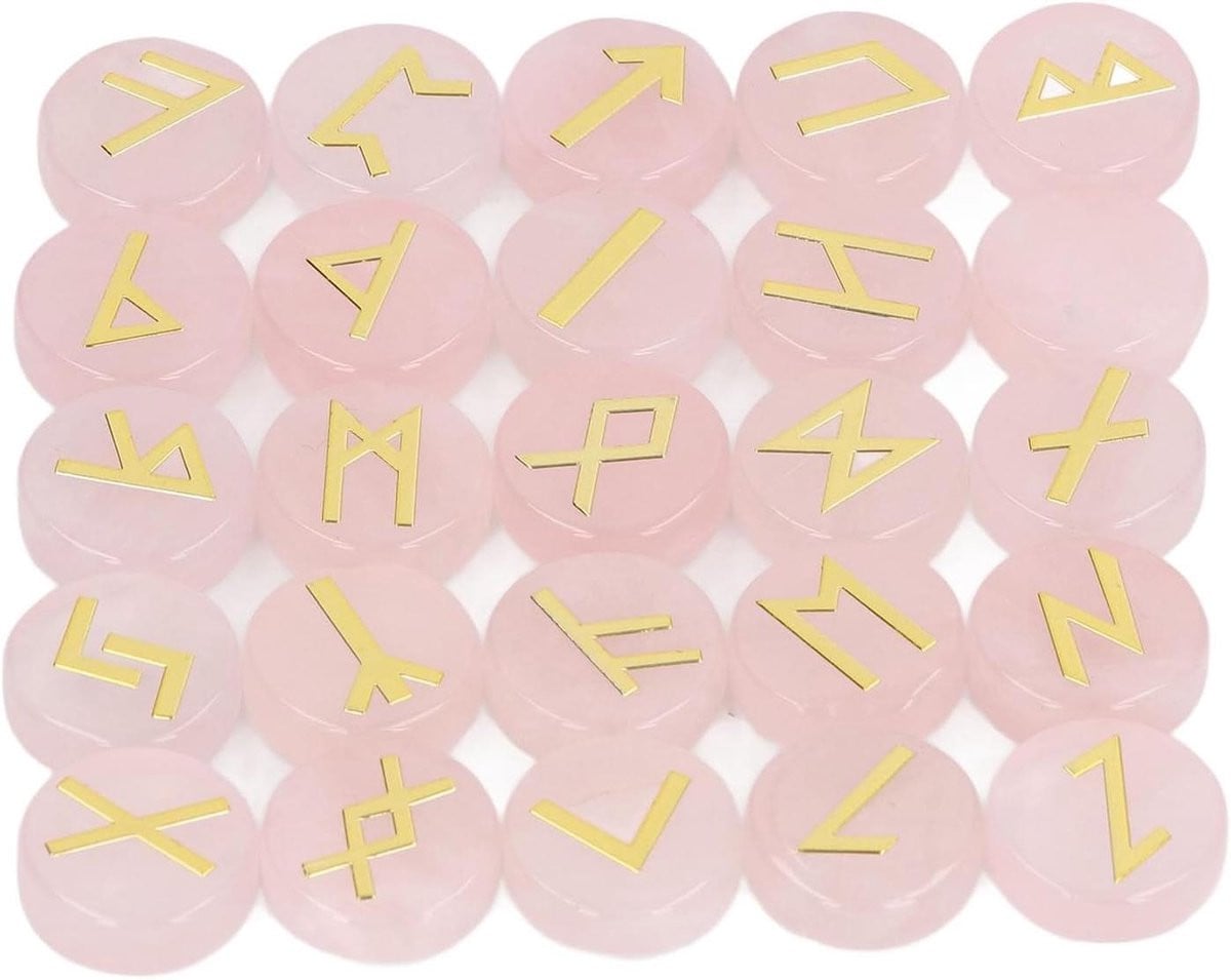 Rune Stenen Set met 25 Gegraveerde Kristallen Symbolen voor Spirituele Meditatie - Roze