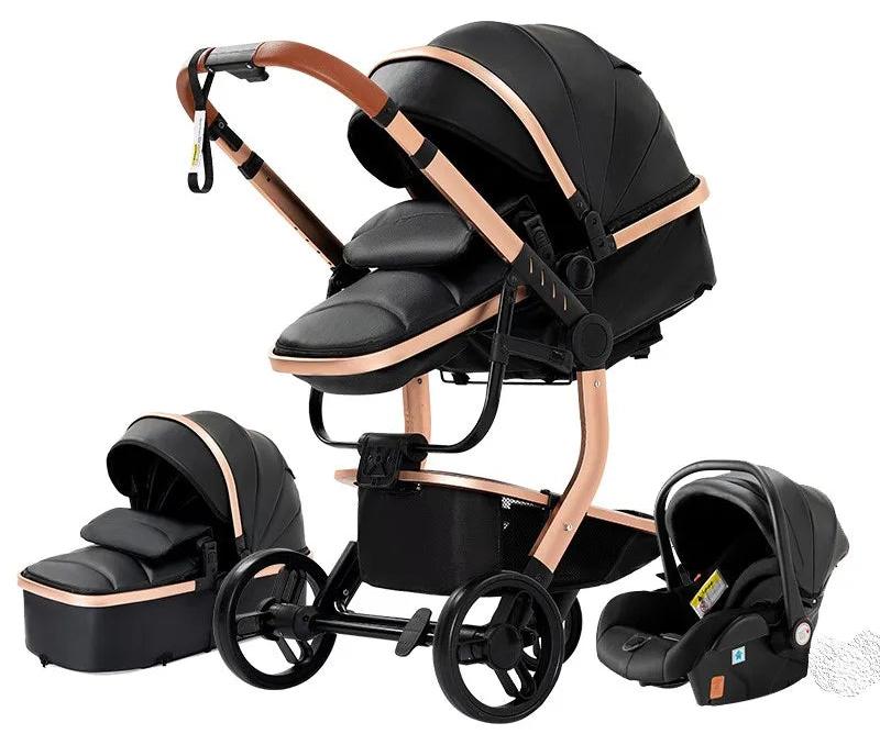 Kinderwagen 3-in-1 - Klappbarer Kinderwagen mit Kunstlederbezug und Autositz - Schwarz