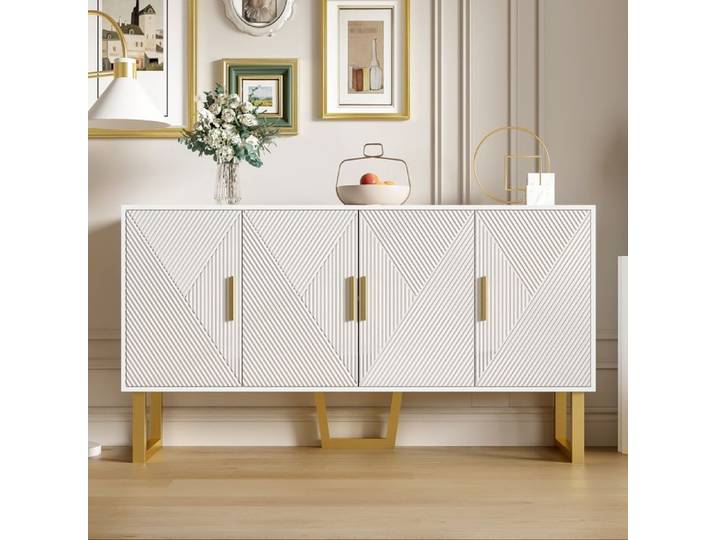 Buffet - TANANT - Buffet bahut 4 portes - Blanc - 150x40x82 cm - Pieds en métal dorés