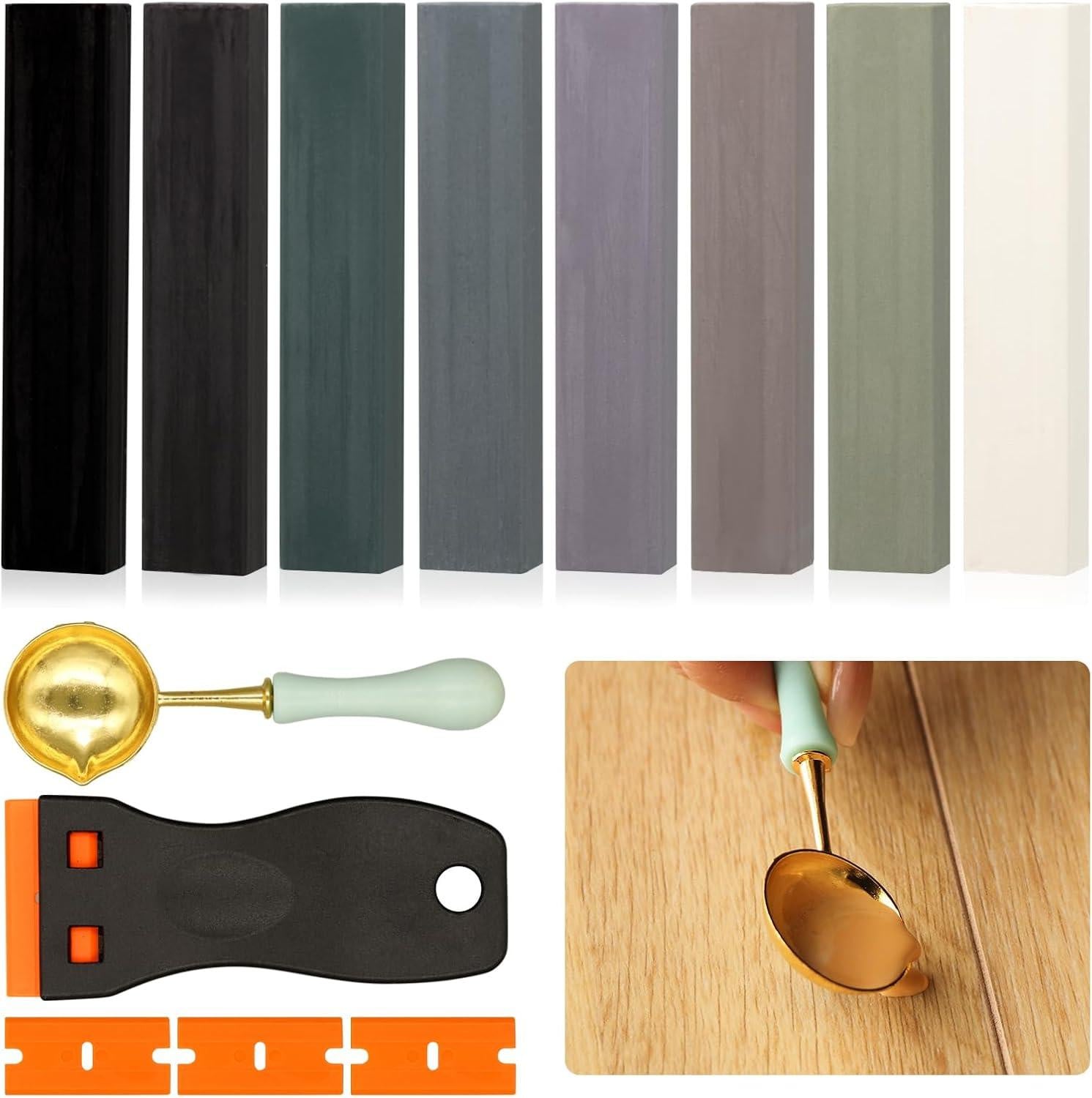 Reparatieset hardwax met 8 grijstinten voor vloeren inclusief menglepel