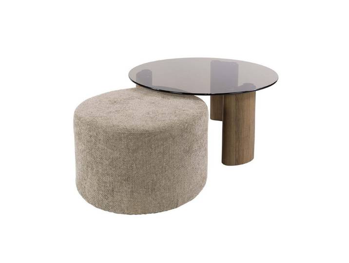 Vintagehaus Couchtisch und Pouf 2er Set Retro Tinto Rauchglas Eichenoptik