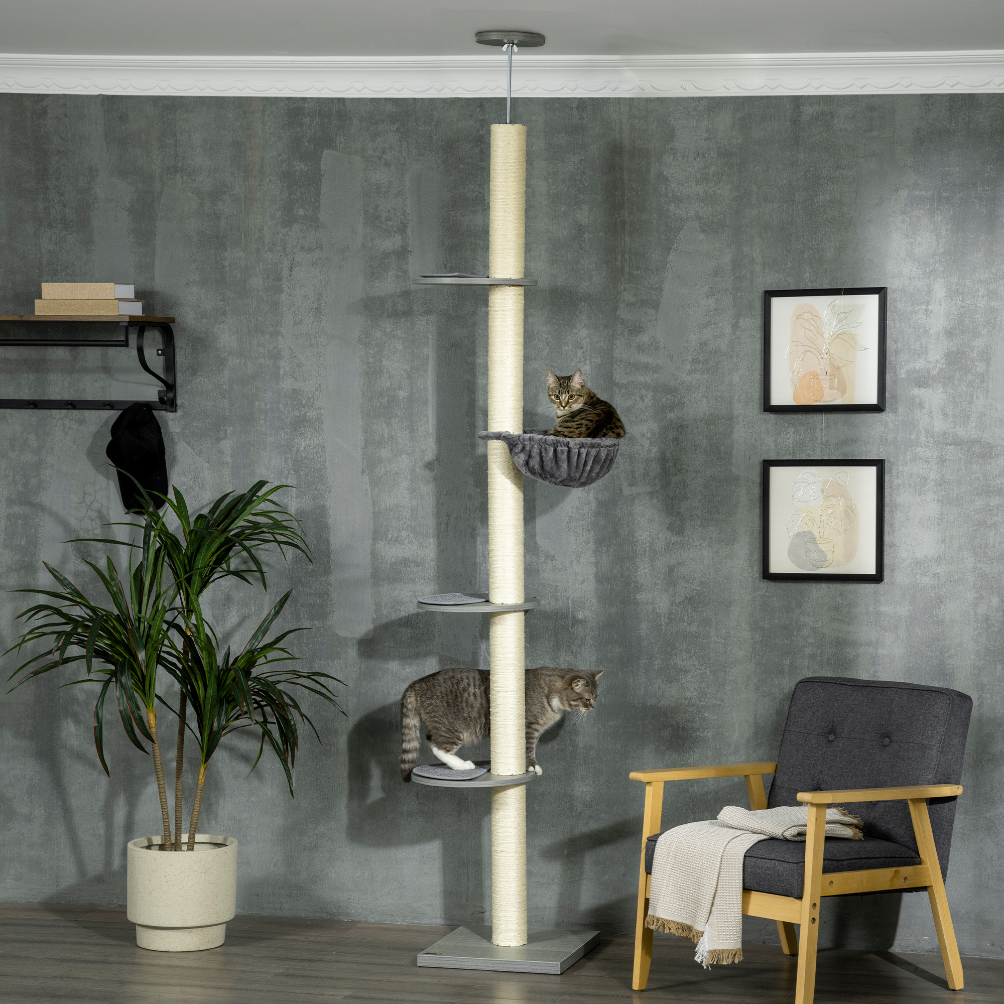 Pawhut Albero per Gatti con Amaca, incluso Fermaglio a Soffitto, Albero Alto fino al Soffitto, 40 cm x 40 m x 250 cm, Grigio + Bianco crema