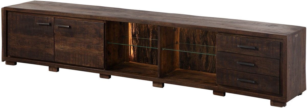 MASSIVMOEBEL24.DE BARK TV-meubel acacia donkerbruin massief hout met geïntegreerde verlichting, B/D/H: 235 x 40 x 47 cm