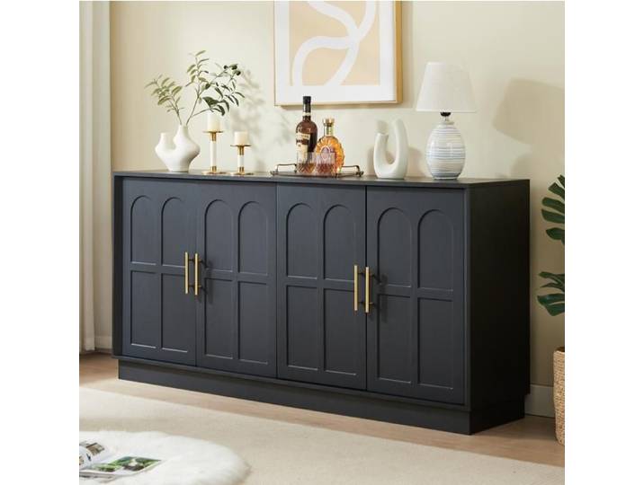 Buffet bas noir 169 x 40 x 80 cm 4 portes étagères réglables meuble de rangement moderne en MDF
