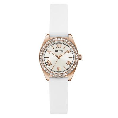 Quarzuhr GUESS "GUESS-MINI LUNA GLITZ", weiß, Armbanduhren, Damen, Quarzuhr, Armbanduhr, Damenuhr, Silikonarmband, analog
