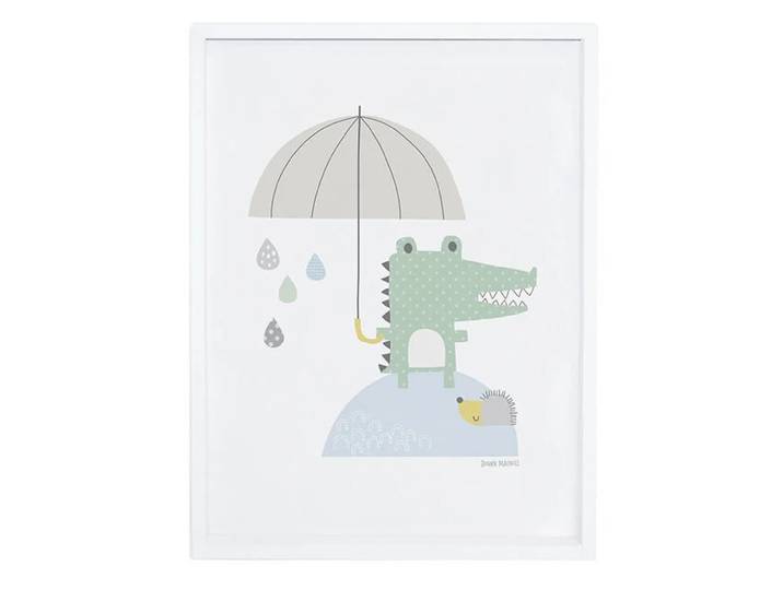 Poster Baby Krokodil und Regenschirm mit Rahmen