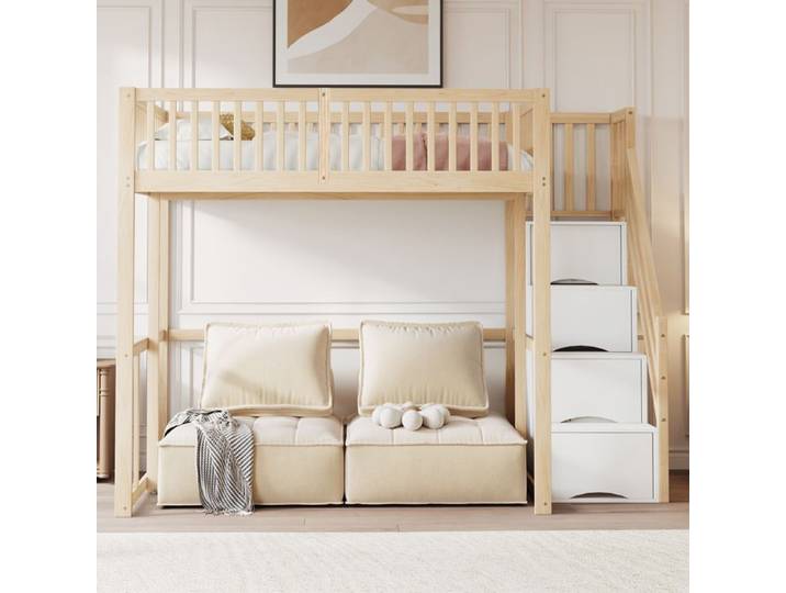 Lit mezzanine 140x200 cm pin massif avec escalier coffre barrières sécurité pour enfants ados adultes naturel