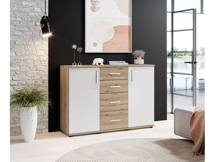 Kommode HBZ BC-Drift-2, Sideboard Stellmass 120x84x35 cm , braun (eiche rustica), B:120cm H:84cm T:35cm, Holzwerkstoff, Sideboards, Kommode, Sideboard mit 2 Türen, 4 Schubkästen, 2 Einlegeböden