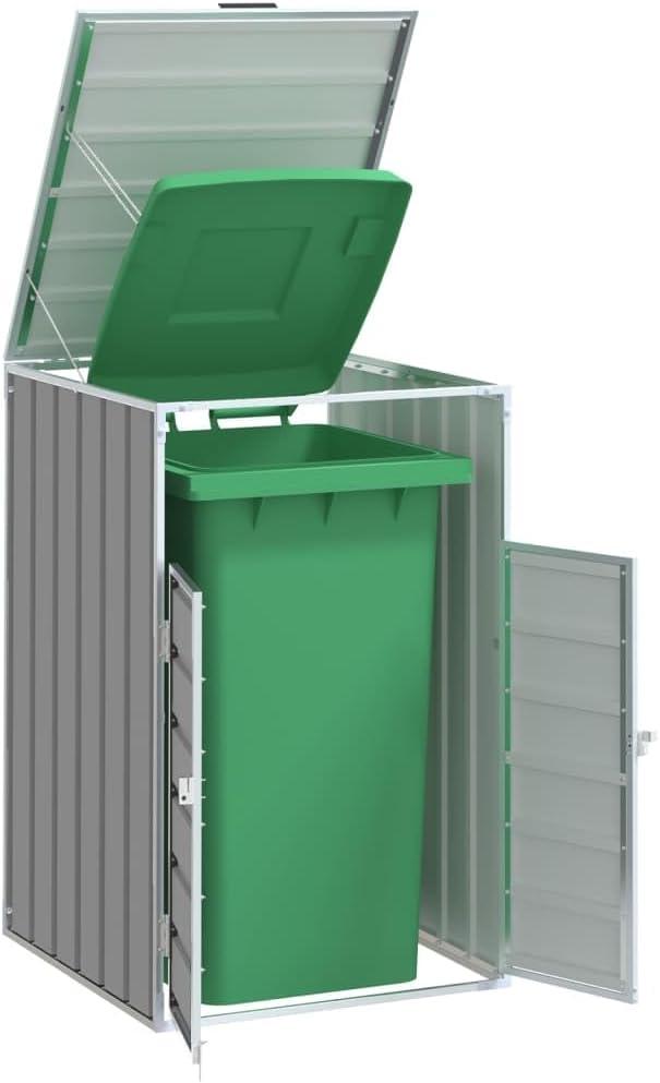 Mülltonnenbox aus pulverbeschichtetem Stahl für 1 Tonne 240 L Grau 72x81x115 cm mit Klappdach praktische Mülltonnenverkleidung für Garten Hof Terrasse draußen wetterfest und langlebig