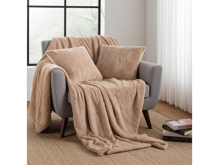 4er-Set Sofadecken 180x220cm & 125x150cm und 2 Kuschelkissen 45x45 cm, sandfarbe