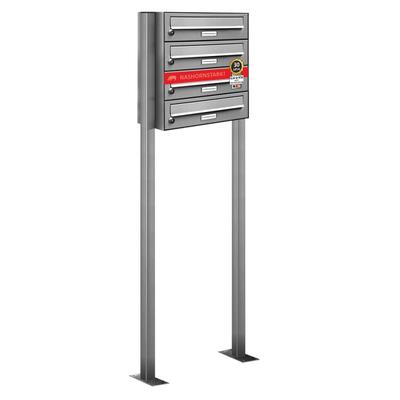 AL Briefkastensysteme 4 Fächer Premium Edelstahl Stand Briefkasten Anlage für Post A4 modern, robust, wetterfest, Artikelnummer: 132T4S1