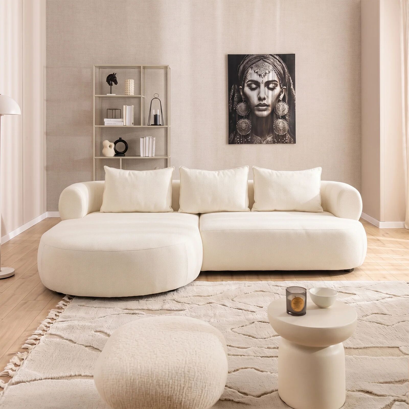 garneroarredamenti Divano angolare sinistro 256x156cm tessuto vellutato bianco Abbraccio