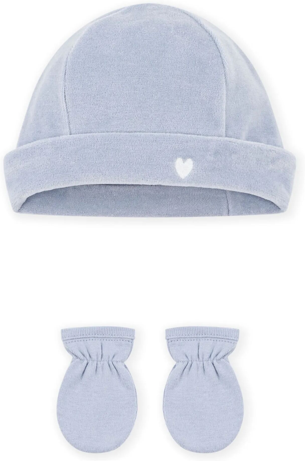 Petit Bateau Ensemble Bonnet et Moufles Velours Coton Bio Bleu gris Naissance