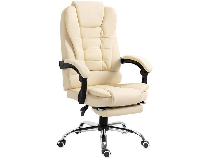 Okmyhome Chefsessel 64,5/109-117/69 cm Cremeweiß aus Kunstleder mit Fußstütze, Kunststoff, Rechteckig, 69x117x64.5 cm, Büromöbel, Bürostühle, Chefsessel