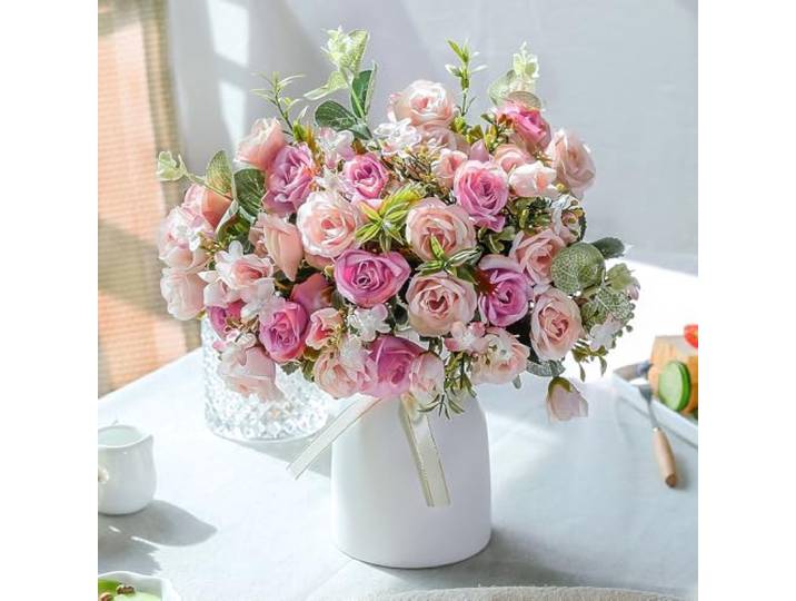 LESING Kunstmatige zijden roos met vaas nepbloemen bruiloft bloemen boeketten arrangement thuiskantoor feest middelpunt tafeldecoratie (roze)