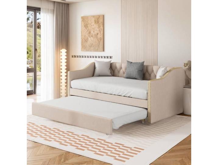 90x200cm lit gigogne canapé-lit avec lit escamotable multifonctionnel Lit rembourré tissu de lin lit d'invité beige