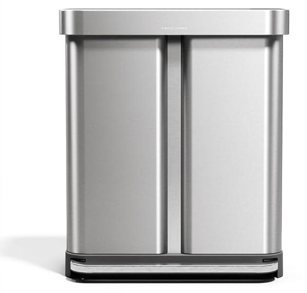 Liter, Rechteckiger Doppelfach Treteimer mit Beutelfach, Mülltrennsystem 2 Fach, Mülleimer Küche, Abfalleimer, Mülltrennung, gebürsteter Edelstahl mit grauem Kunststoffdeckel