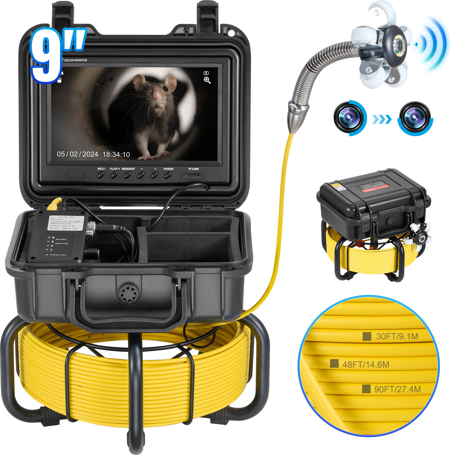 SucceBuy Kanalkamera, 165 ft/50 m lang, selbstnivellierende Rohrleitungsinspektionskamera mit 9 Zoll 1080P HD-Bildschirm, 36-fachem Zoom, IP68 wasserdichte Sanitärkamera mit 12 LED-Leuchten