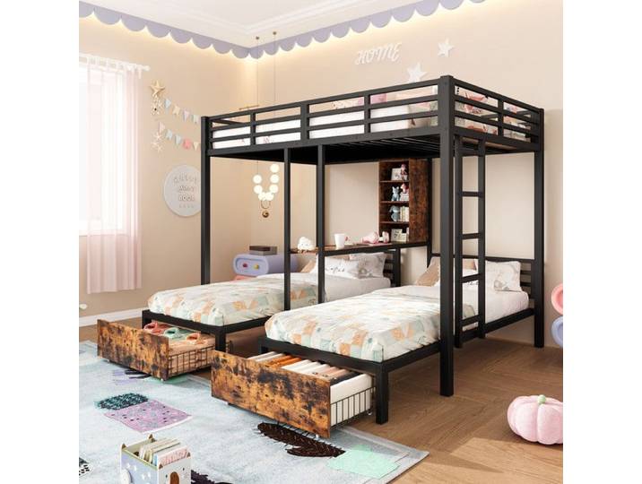 Lit superposé enfant 140/90x200cm lit mezzanine avec barrières latérales lit coffre avec compartiments de rangement et
